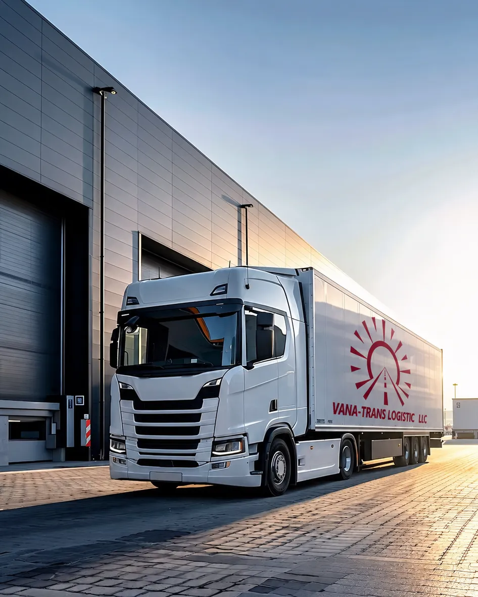 Camion blanc Vana-Trans Logistic devant un entrepôt au coucher du soleil