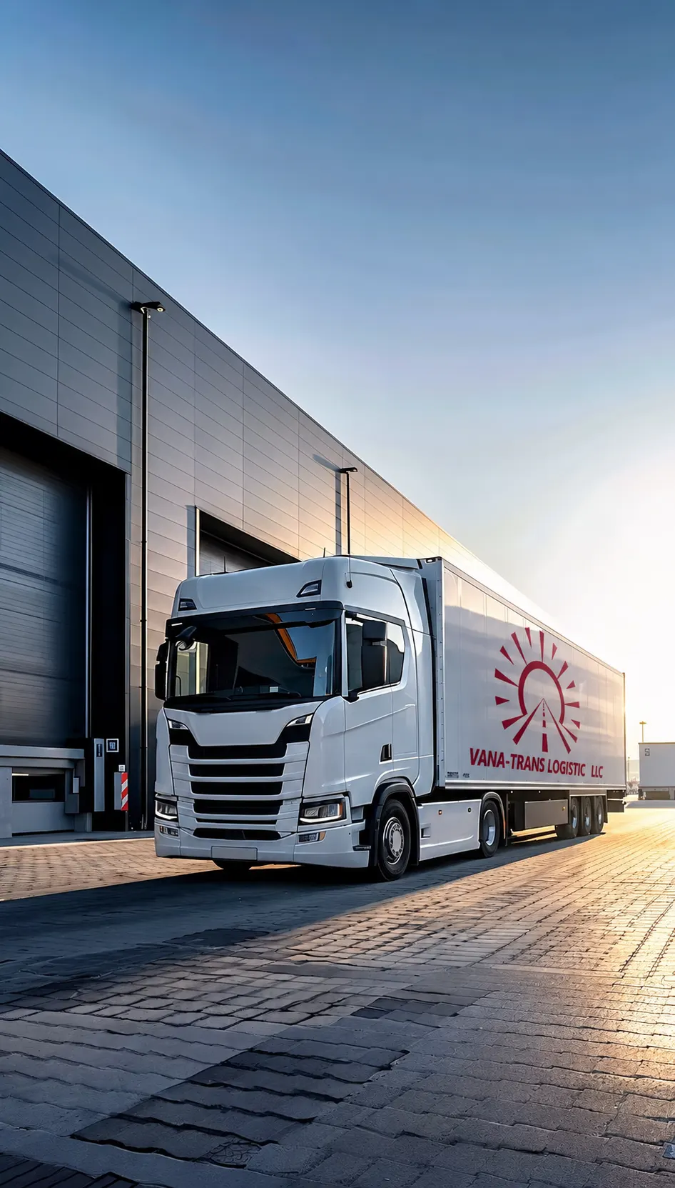 Camion blanc Vana-Trans Logistic devant un entrepôt au coucher du soleil