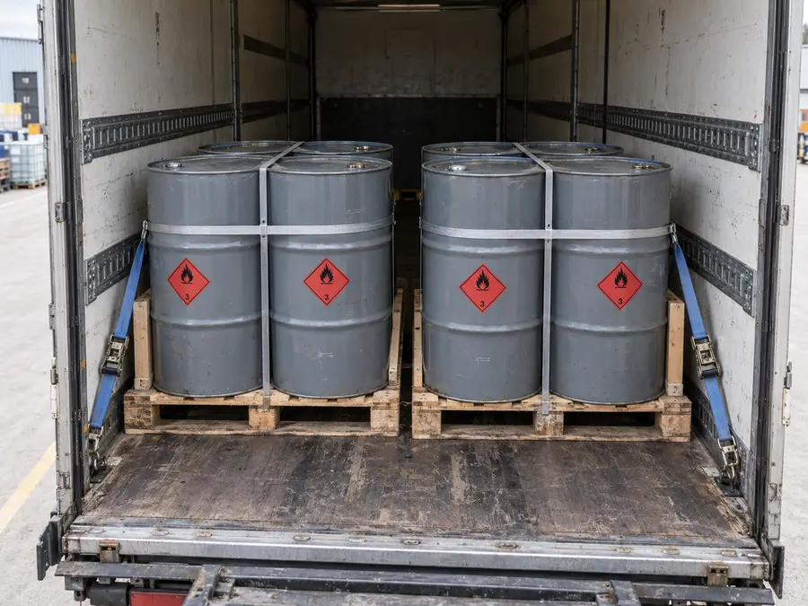 Marchandises dangereuses : huit fûts d'acier portant l'étiquette de danger, sanglés sur deux palettes dans un camion.