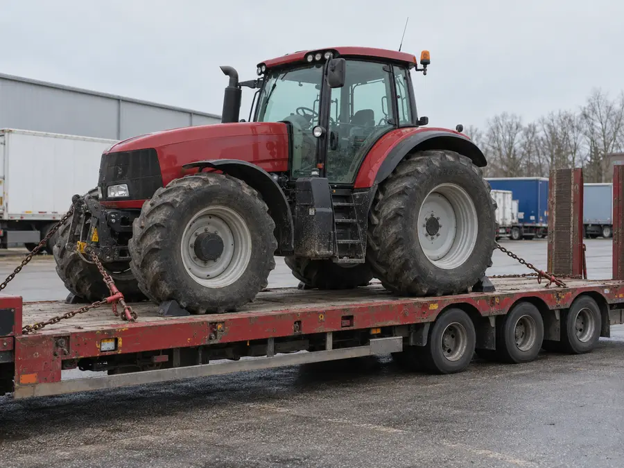 Hors gabarit : un tracteur agricole rouge sanglé sur une remorque basse à ridelles, dans une cour de transport.